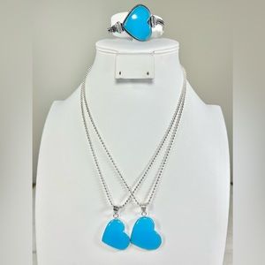 Blue Chalcedony Mommy & Me 💙 Heart 925 Necklaces Set & One Bracelet